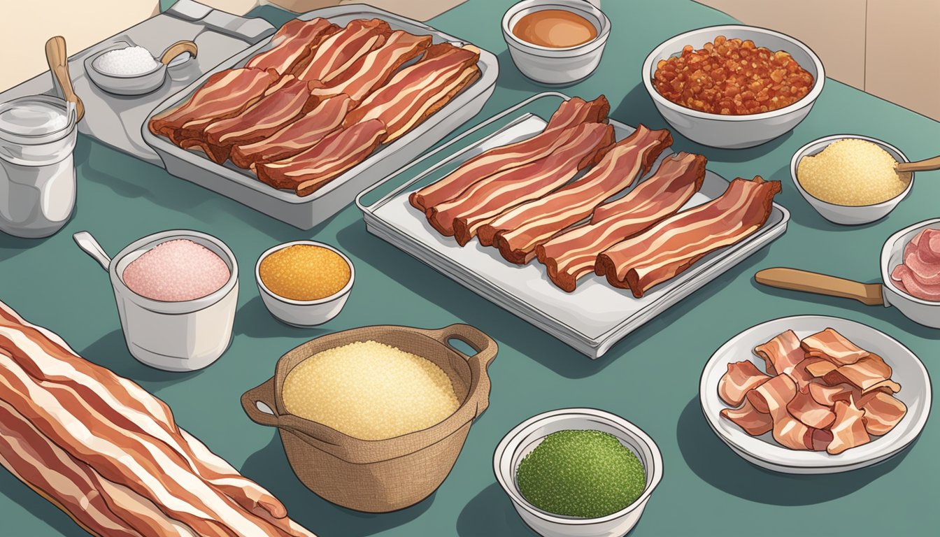 A kitchen counter with six packages of sugar-free bacon arranged in a row, surrounded by various ingredients and cooking utensils