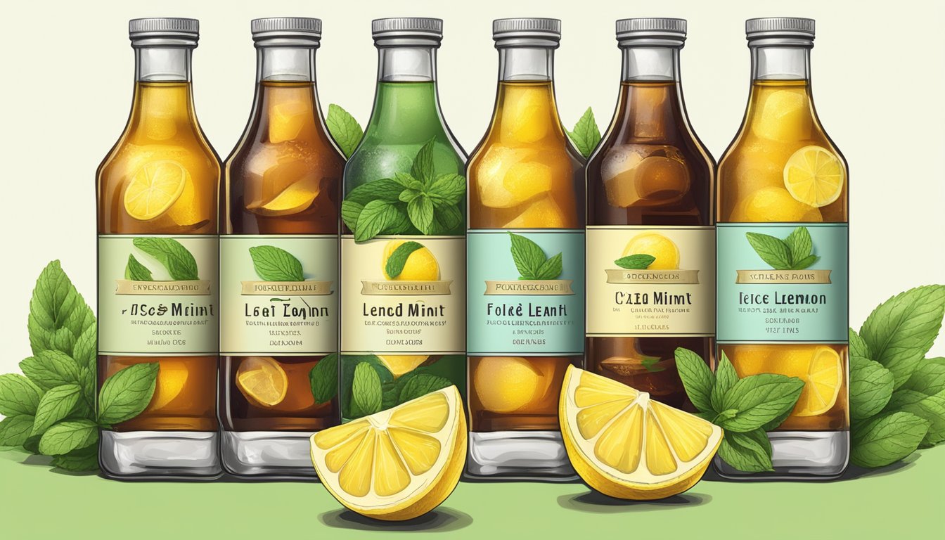 A table with 5 iced tea bottles, each labeled with a different brand. The bottles are surrounded by fresh lemon slices and mint leaves