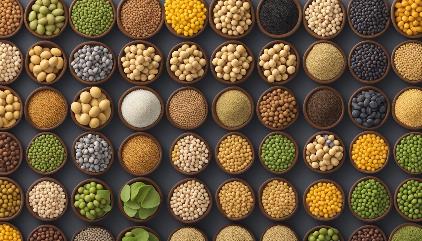 A variety of soybeans, lentils, and chickpeas arranged in a colorful display, with a focus on the soybeans