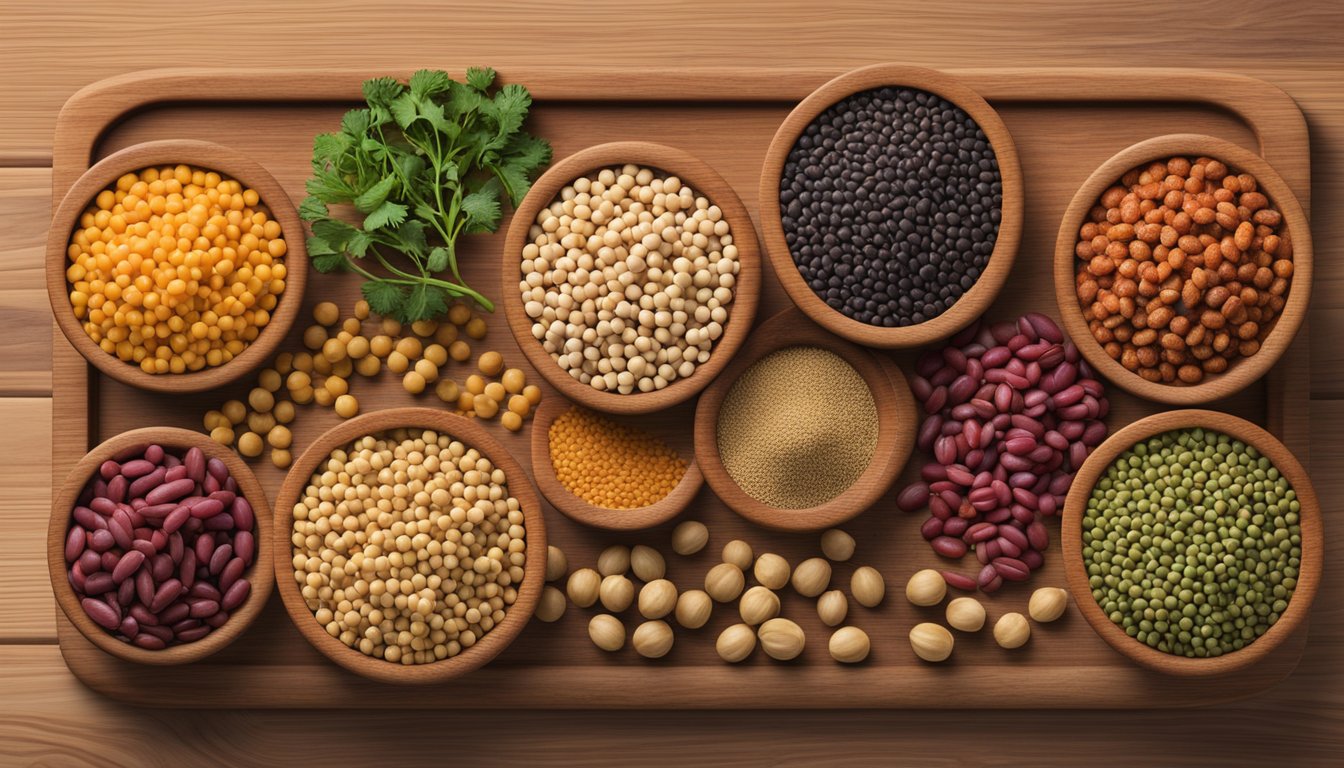 A colorful array of lentils, chickpeas, and kidney beans arranged on a wooden cutting board, with a glycemic index chart in the background