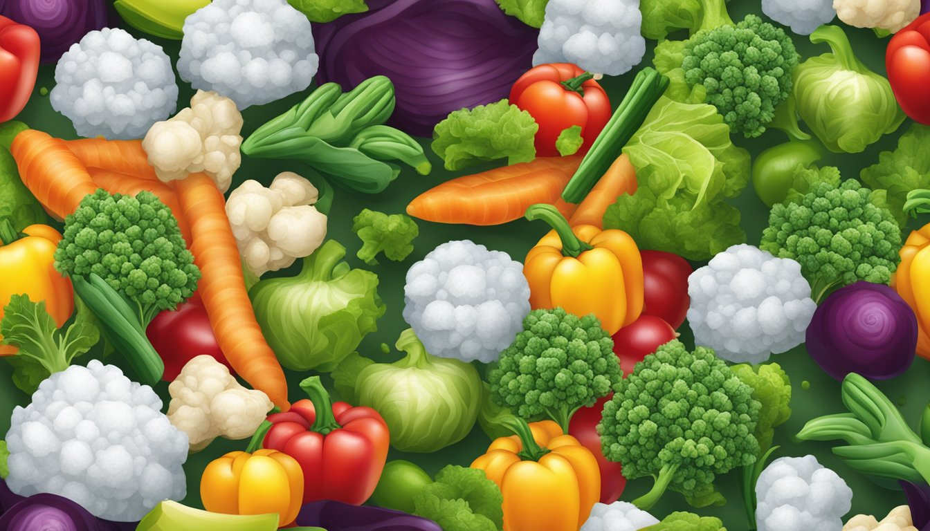 A variety of colorful frozen vegetables arranged in a dynamic and appealing composition