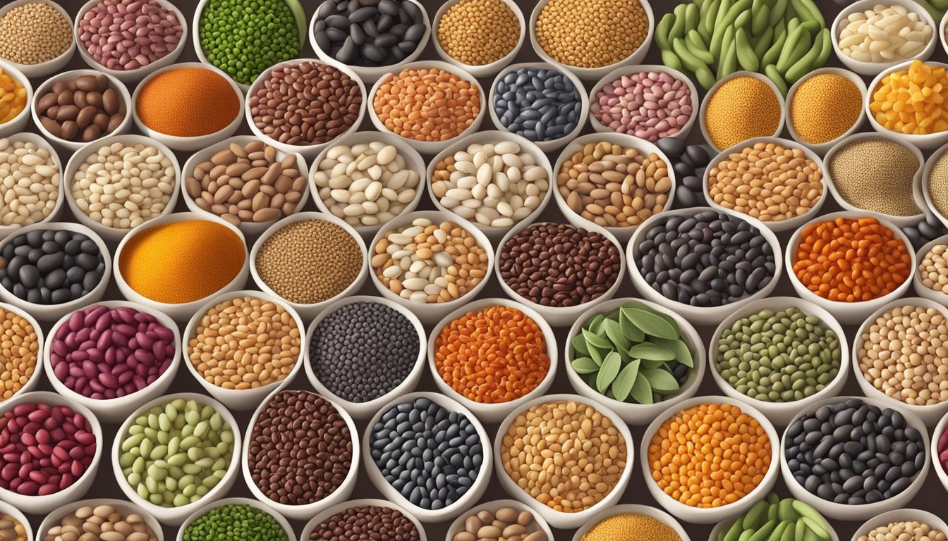 A colorful array of beans and lentils arranged in a pattern, with a focus on their variety and nutritional benefits