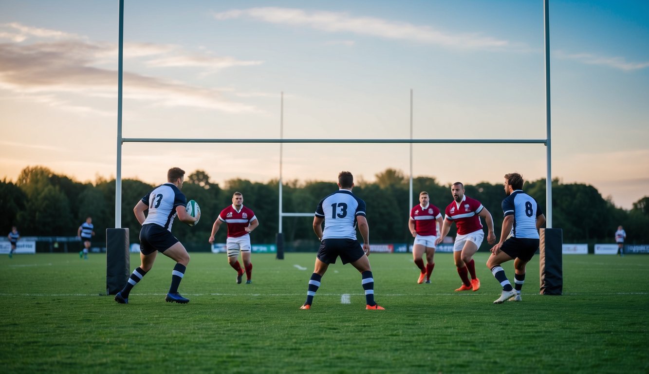 Sebuah lapangan rugby dengan tiang gawang dan pemain yang sedang beraksi