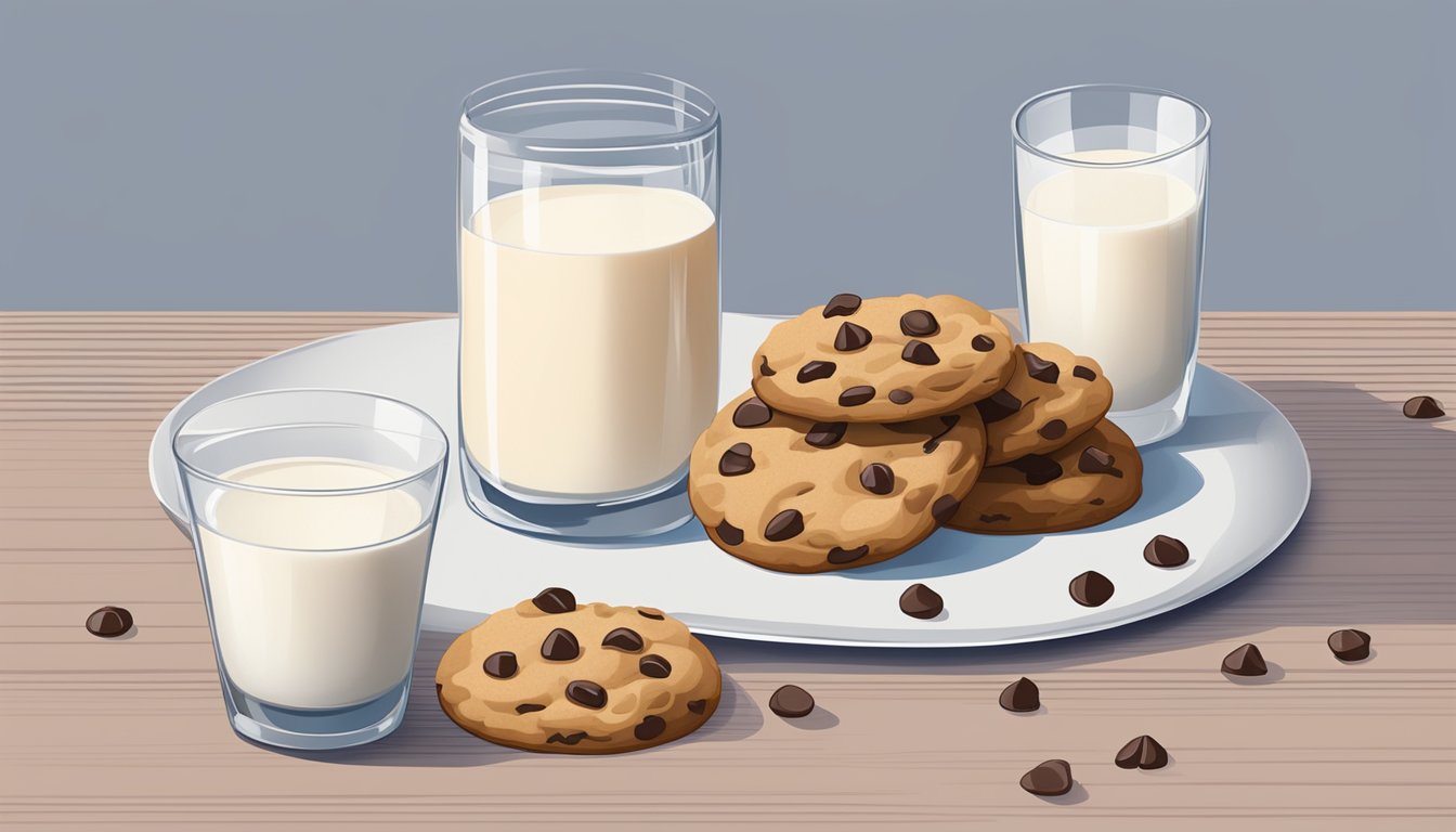 A plate of protein cookies surrounded by chocolate chips and a glass of milk