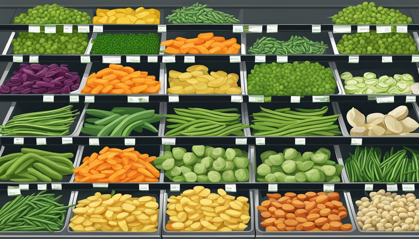 A variety of organic green beans, along with other low-carb frozen vegetables, displayed in the freezer section of a Whole Foods Market