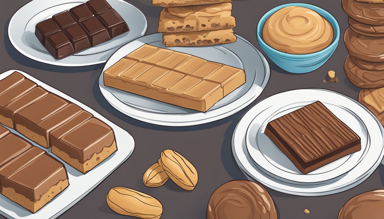 A plate of keto bars and cookies, with a focus on the chocolate peanut butter flavor