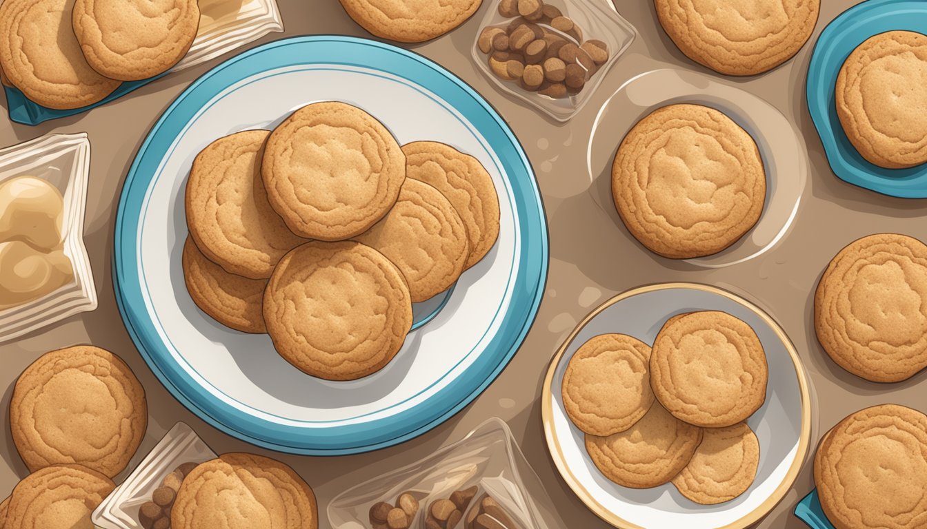 A plate of Snickerdoodle cookies surrounded by HighKey Snacks Mini Cookies packaging