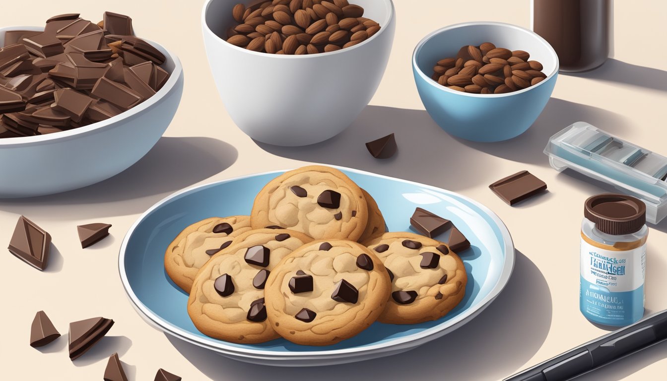 A plate of ThinSlim Foods Chocolate Chip Cookies surrounded by ingredients like almonds and dark chocolate, with a diabetic test kit in the background