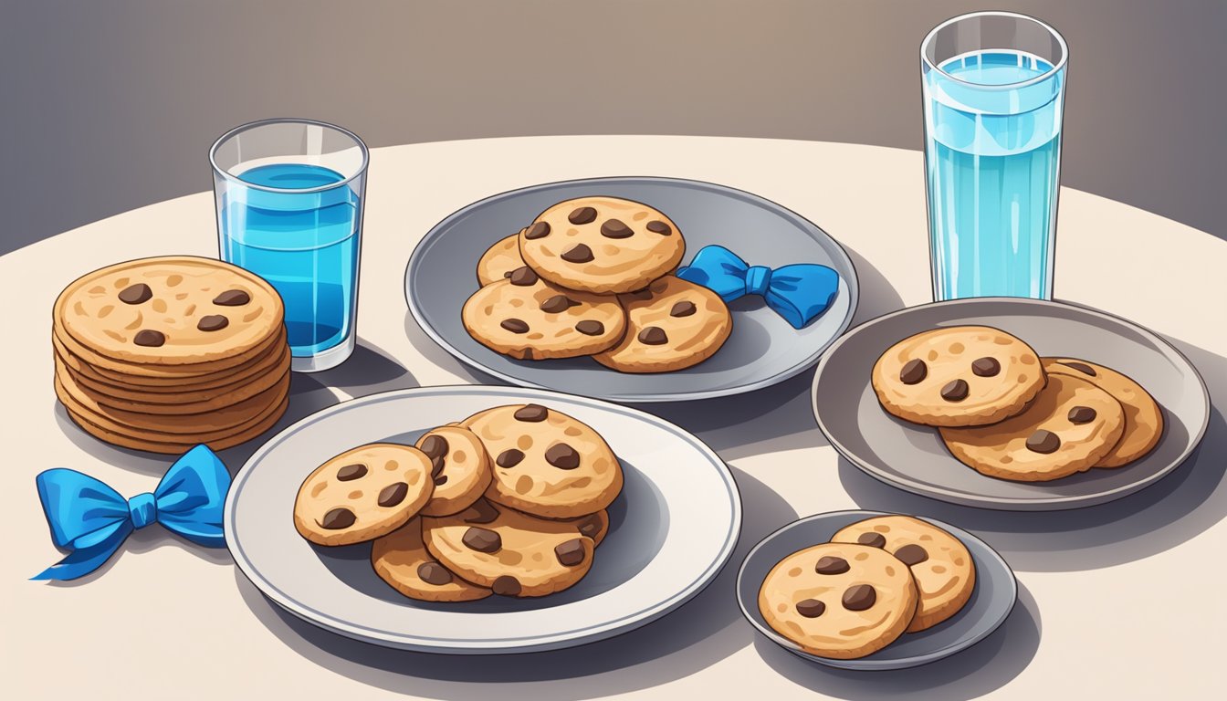 A plate of assorted protein cookies arranged neatly on a table, with a glass of water and a diabetes awareness ribbon nearby