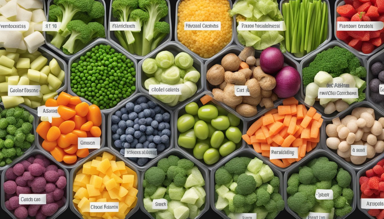 A variety of colorful frozen vegetables arranged in a neat display, with labels indicating their low-carb content