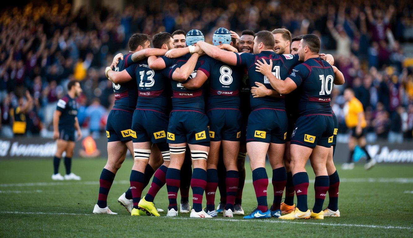 Sebuah tim rugby merayakan pertandingan yang menang, dengan pemain berkumpul bersama dalam pose kemenangan.