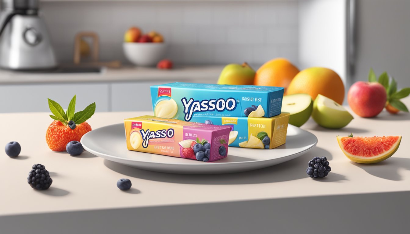 A variety of Yasso Greek Yogurt Bars arranged on a clean, modern kitchen counter, surrounded by colorful fruit and a few scattered crumbs