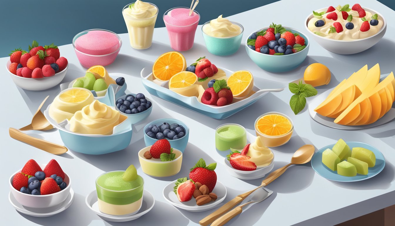 A variety of frozen desserts, including fruit popsicles and yogurt parfaits, arranged on a table with fresh fruit and nuts as garnish