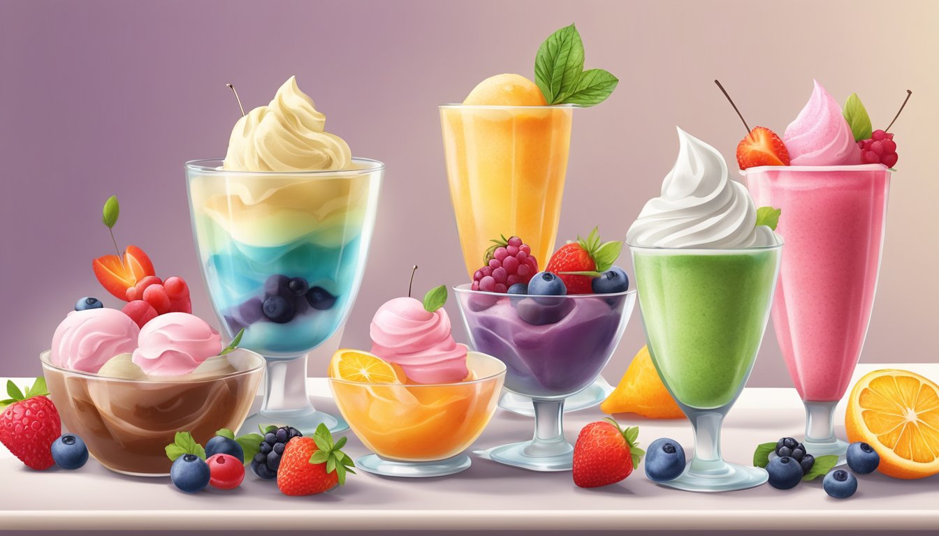 A variety of colorful and appetizing frozen desserts arranged on a table, including fruit sorbet, sugar-free ice cream, and frozen yogurt, with fresh fruit garnishes