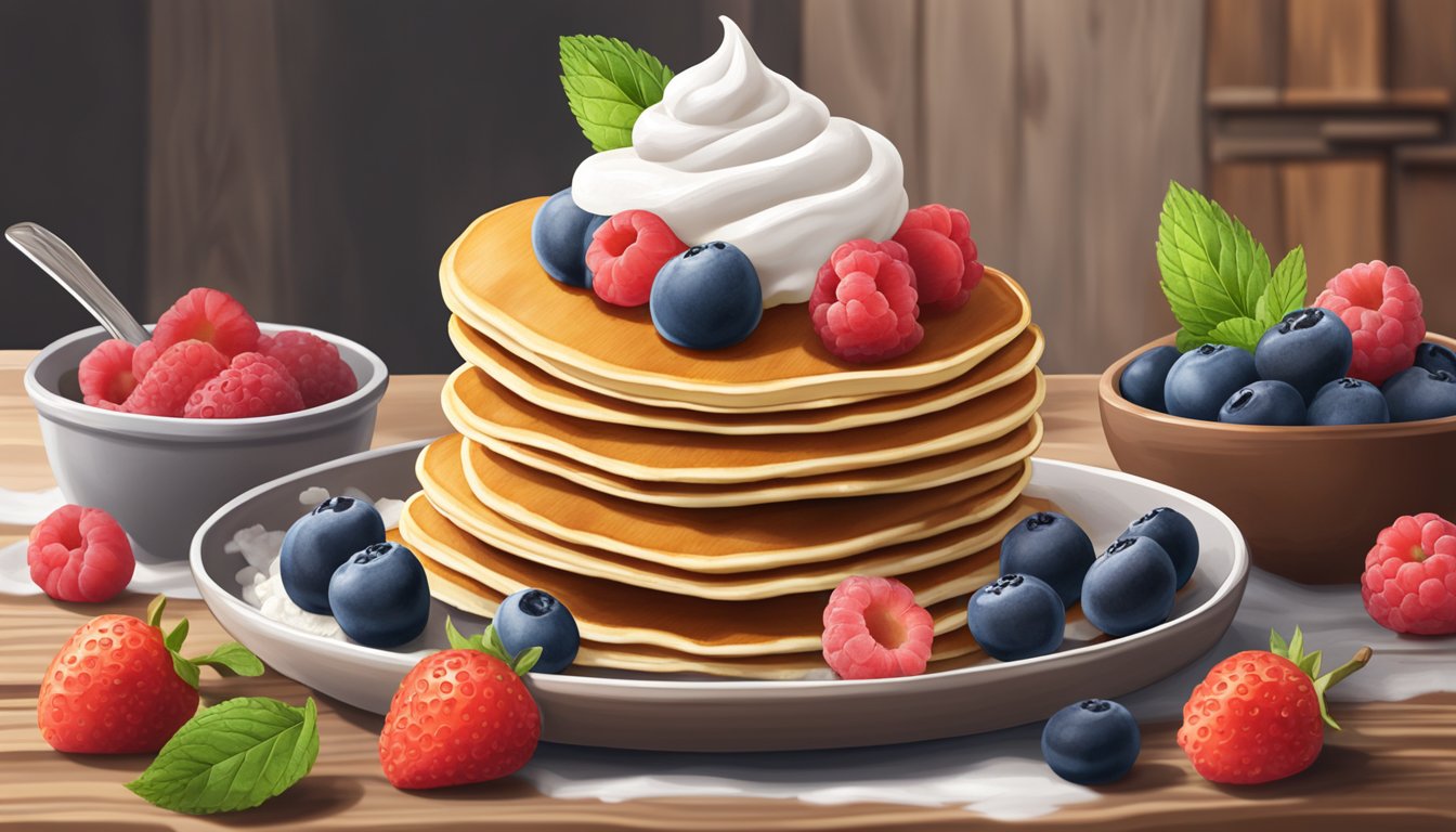 A stack of low-carb pancake mixes surrounded by fresh berries and a dollop of whipped cream on a rustic wooden table