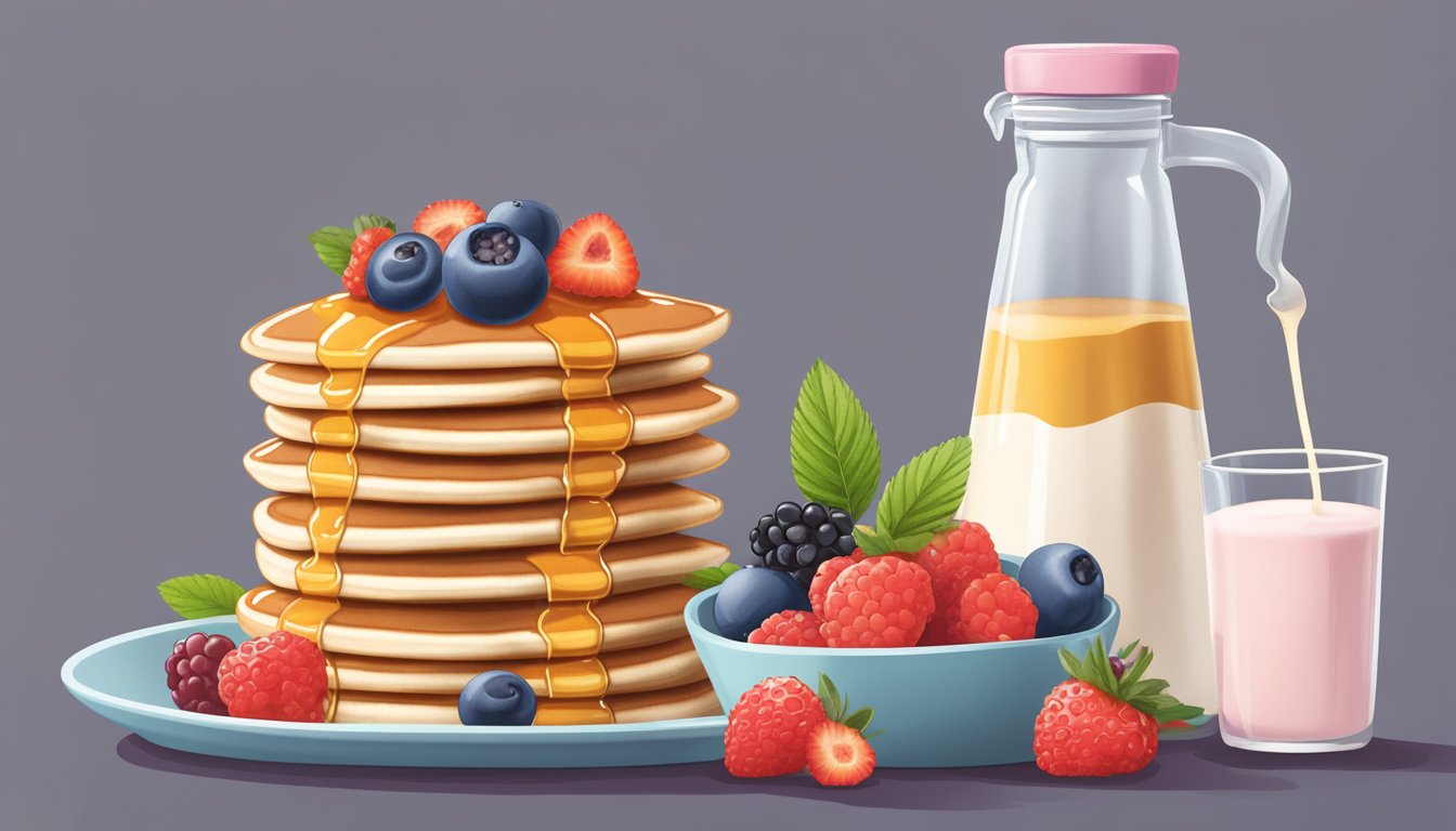 A stack of low-carb pancake mix boxes, surrounded by fresh berries and a drizzle of sugar-free syrup