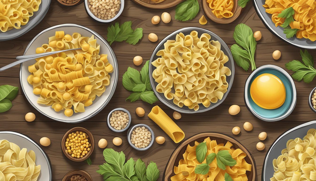 A colorful array of chickpea pasta and low-carb egg noodle alternatives arranged on a rustic wooden table