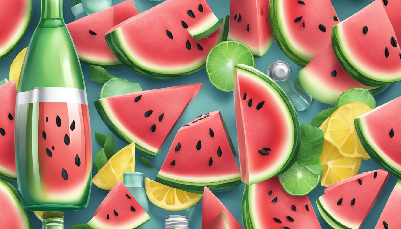 A refreshing watermelon slice surrounded by essence bottles