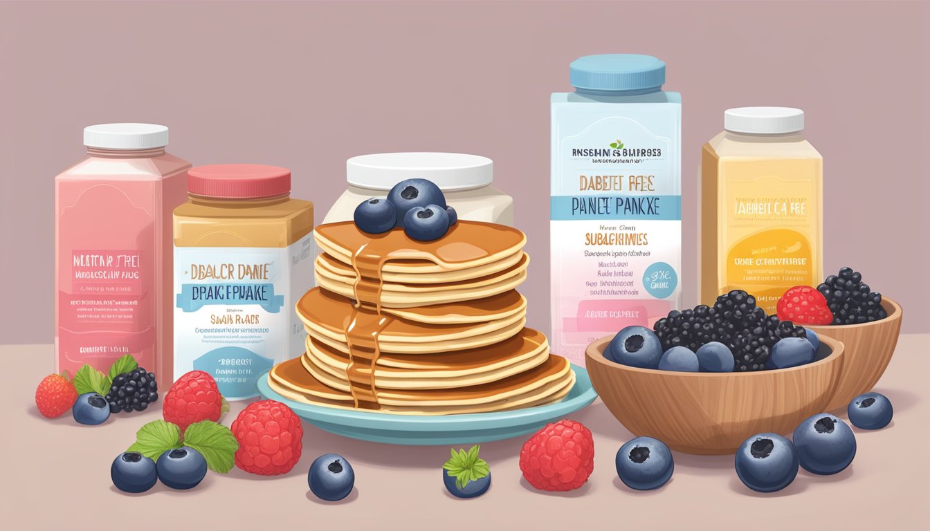 A stack of low-carb pancake mixes with diabetic-friendly labels, surrounded by fresh berries and sugar-free syrup