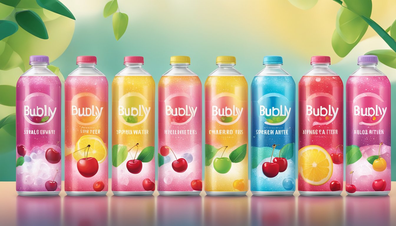 A colorful array of bubly cherry sparkling water and six other sugar-free flavored waters, arranged in a visually appealing display