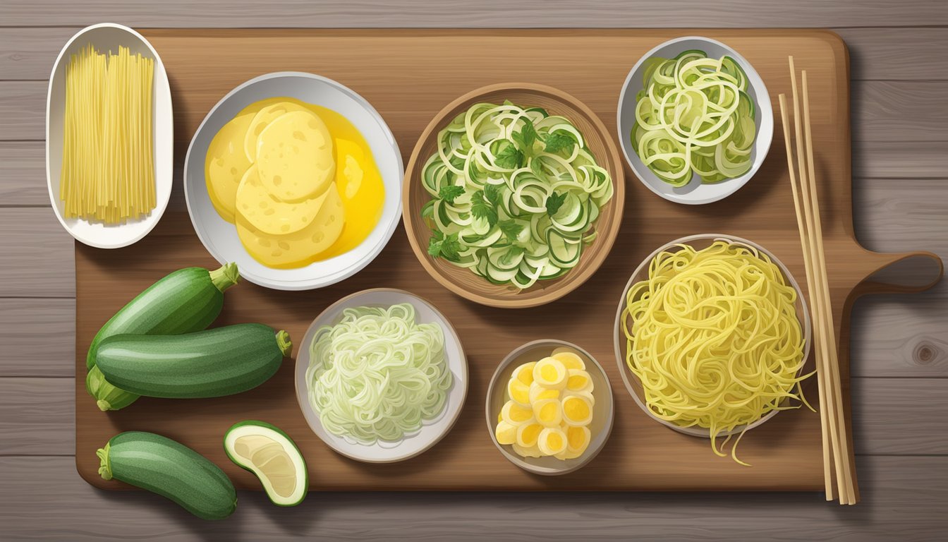 A colorful array of low-carb egg noodle alternatives, including zucchini noodles, spaghetti squash, and shirataki noodles, arranged on a wooden cutting board