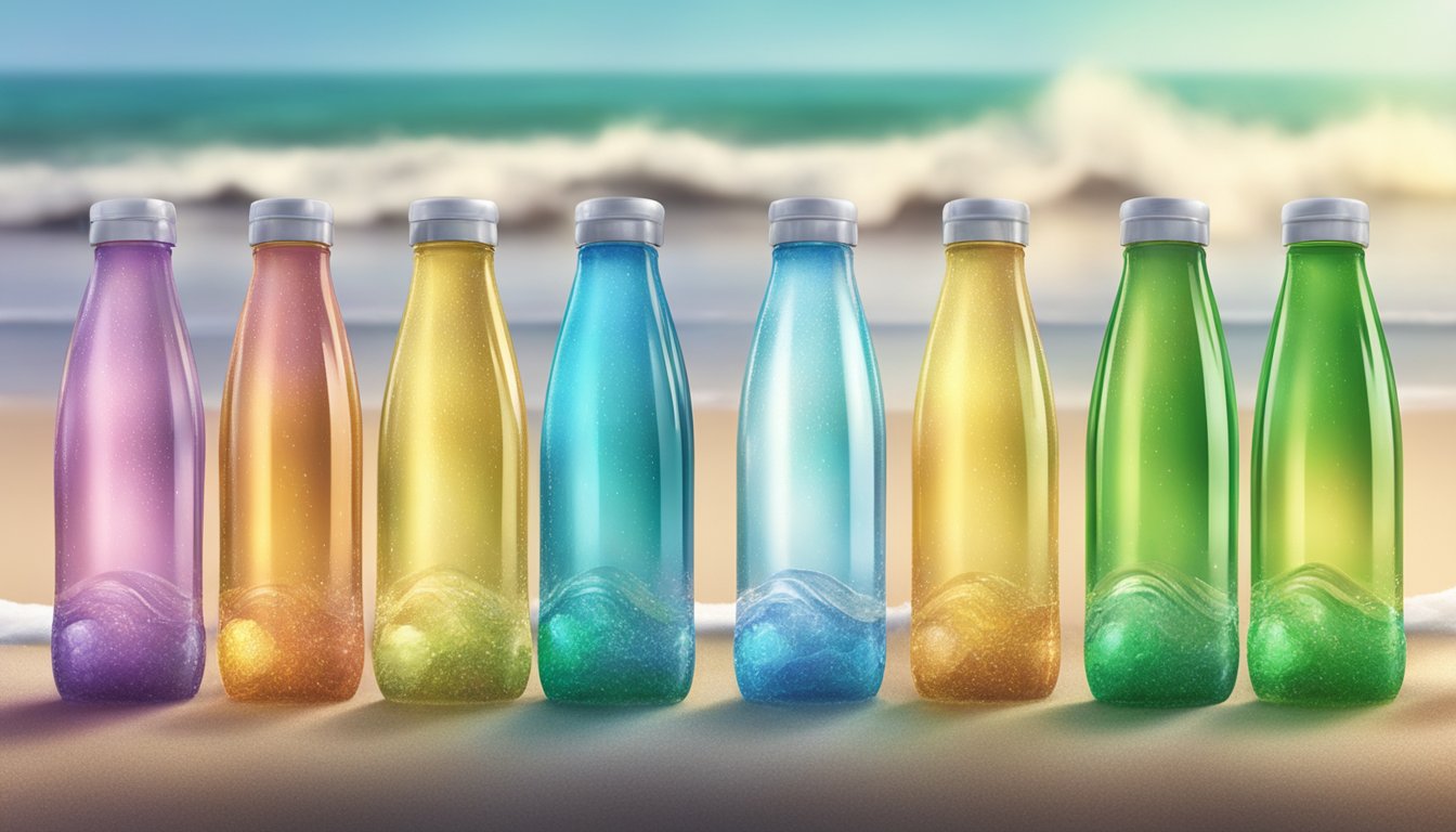 A variety of colorful, sparkling water bottles arranged on a beach with waves crashing in the background