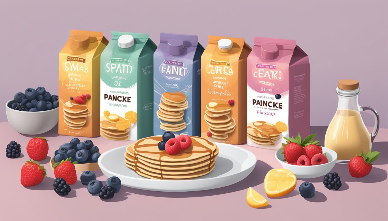 A kitchen counter with five different low-carb pancake mix boxes arranged neatly, surrounded by fresh berries and a bottle of sugar-free syrup