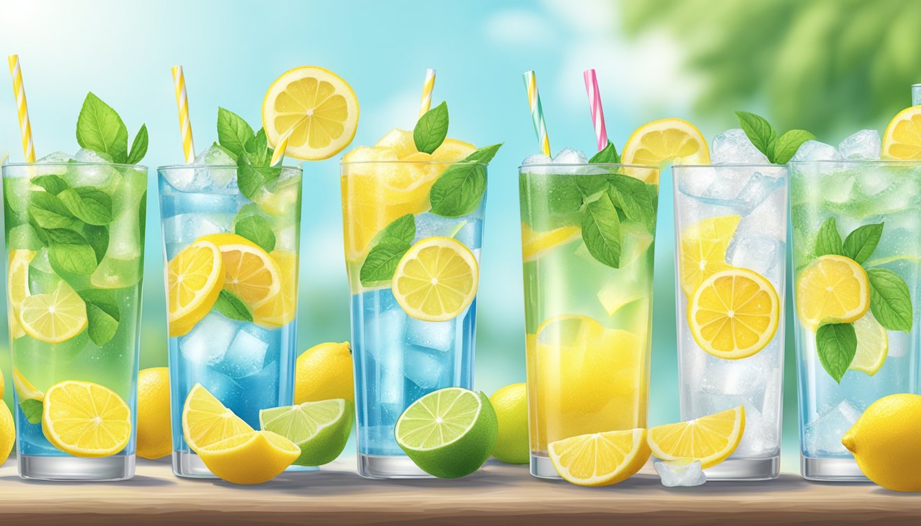 A refreshing glass of Waterloo Lemon Sparkling Water surrounded by 6 other sugar-free flavored waters, perfect for diabetics