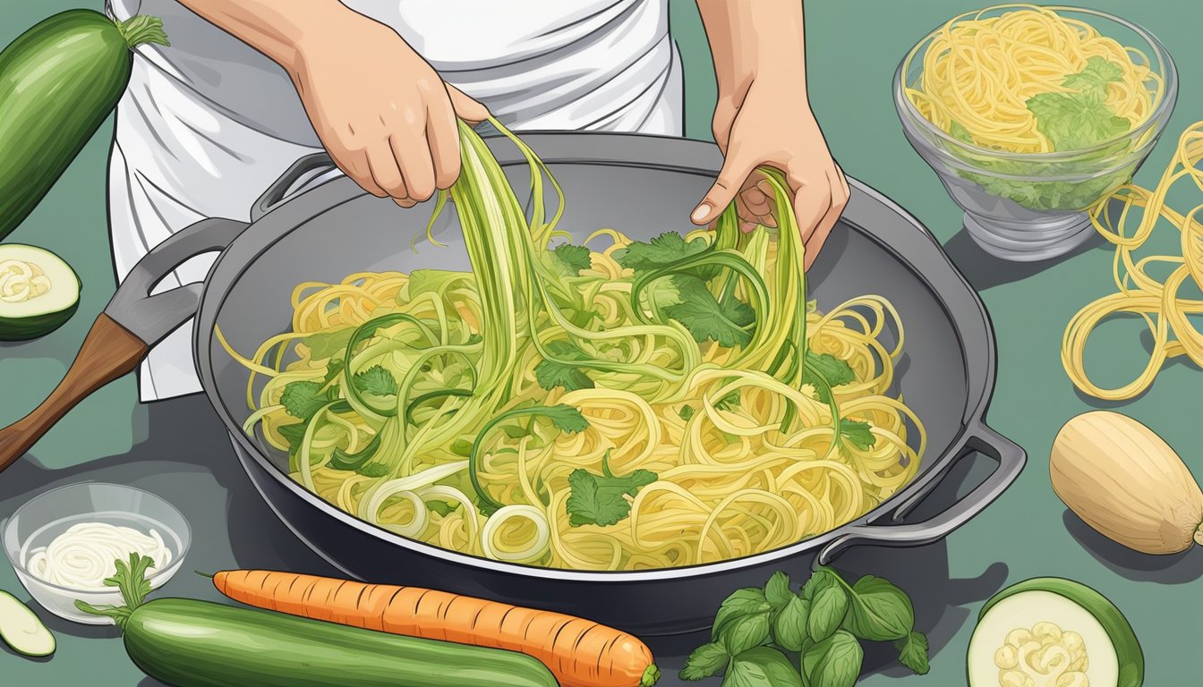 A chef sautés zucchini ribbons in a pan, boiling spaghetti squash, and spiralizing carrots and daikon radish for low-carb noodle alternatives