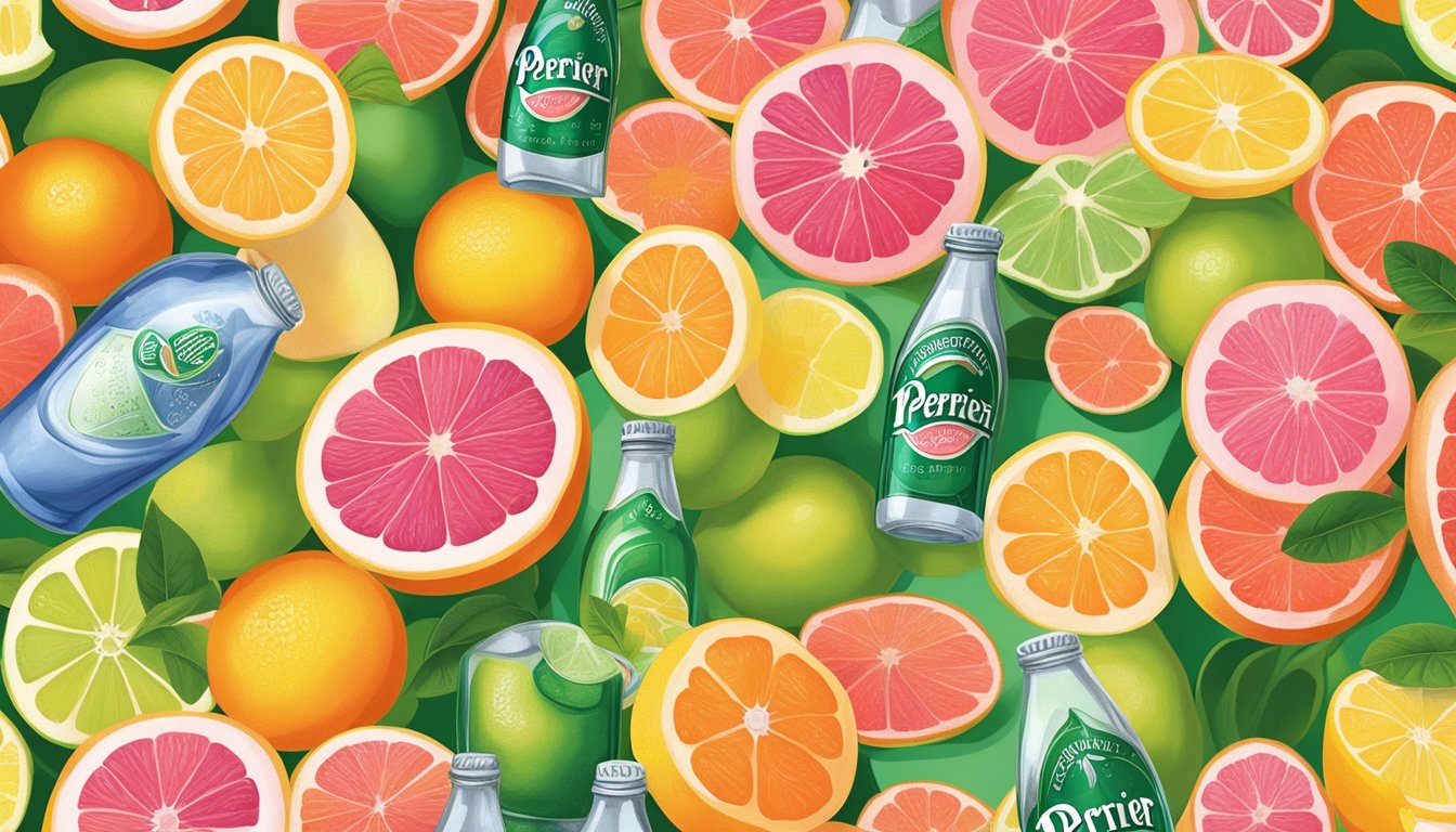 A refreshing array of colorful Perrier Pink Grapefruit and six other sugar-free flavored waters, set against a backdrop of vibrant, juicy fruits