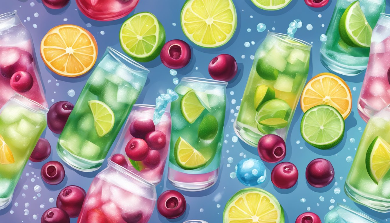 A refreshing glass of Polar Seltzer Cranberry Lime surrounded by six other colorful sugar-free flavored waters