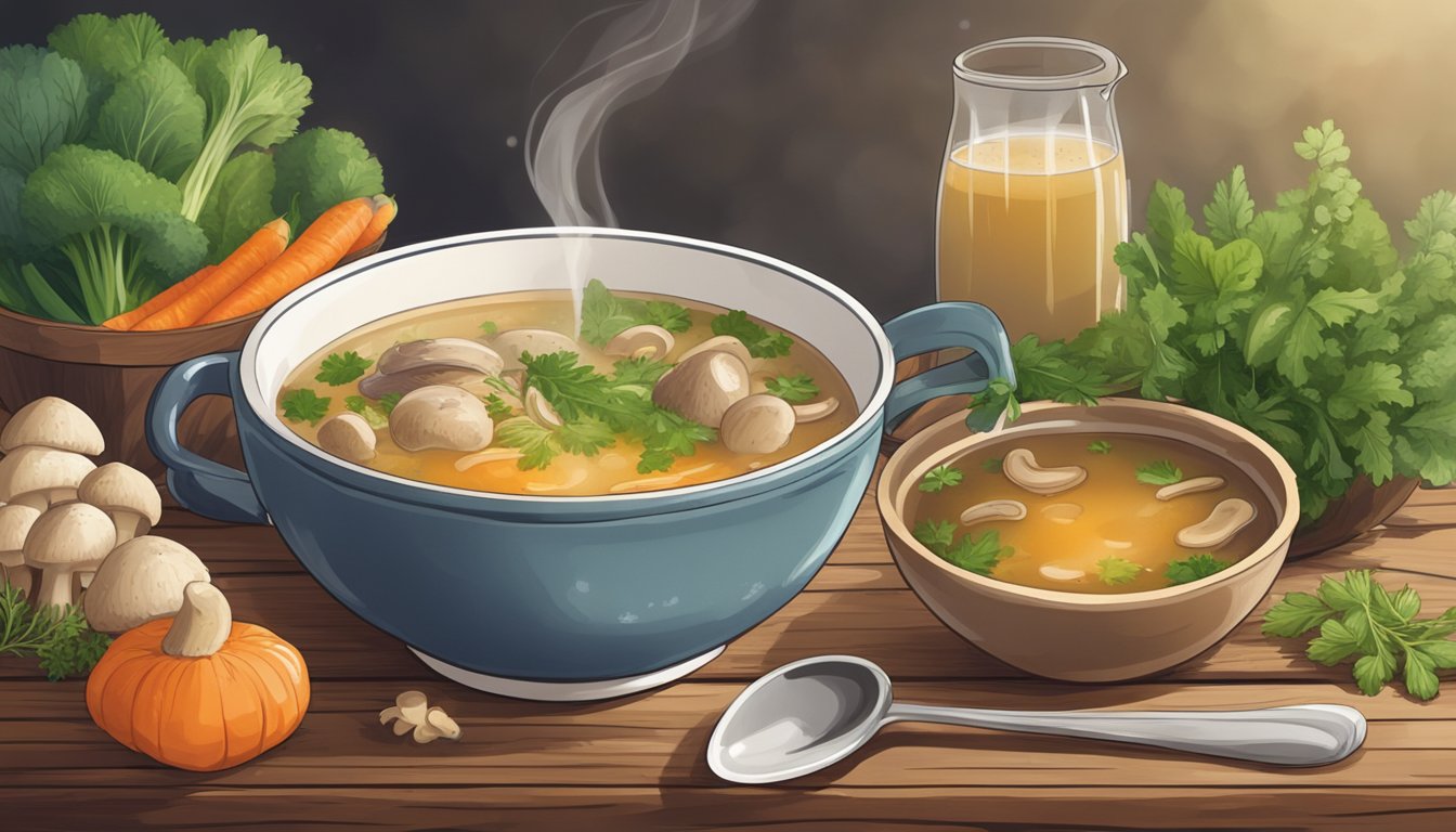 A steaming bowl of Mushroom Chicken Bone Broth sits on a rustic wooden table, surrounded by fresh vegetables and herbs