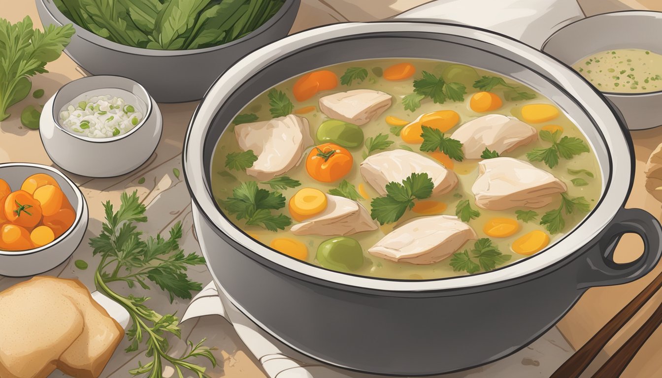 A steaming bowl of Zoup! Good, Really Good Low Sodium Chicken Broth surrounded by various vegetables and herbs, with the packaging of the product displayed nearby