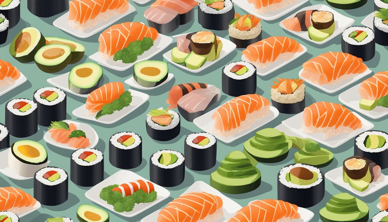 A plate with neatly arranged tuna and avocado rolls, surrounded by other low-carb sushi options