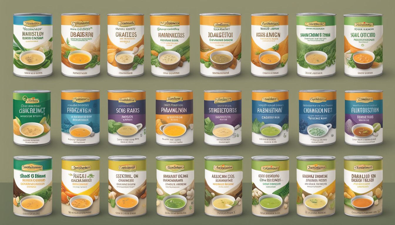 A steaming pot of Swanson Natural Goodness 33% Less Sodium Chicken Broth surrounded by 9 different soup stocks and broths, all labeled as diabetic-friendly