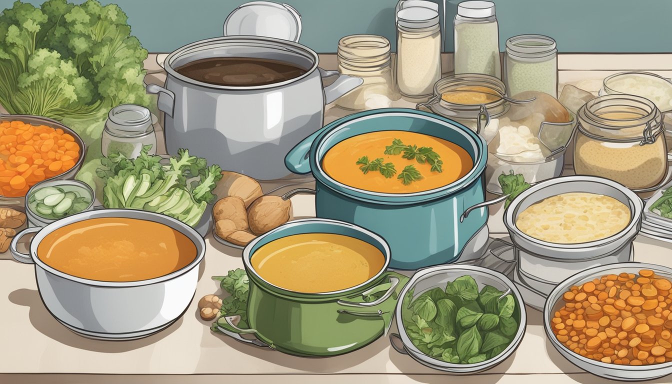 A pot of Kitchen Basics Unsalted Vegetable Stock surrounded by various diabetic-friendly soup stocks and broths on a kitchen counter