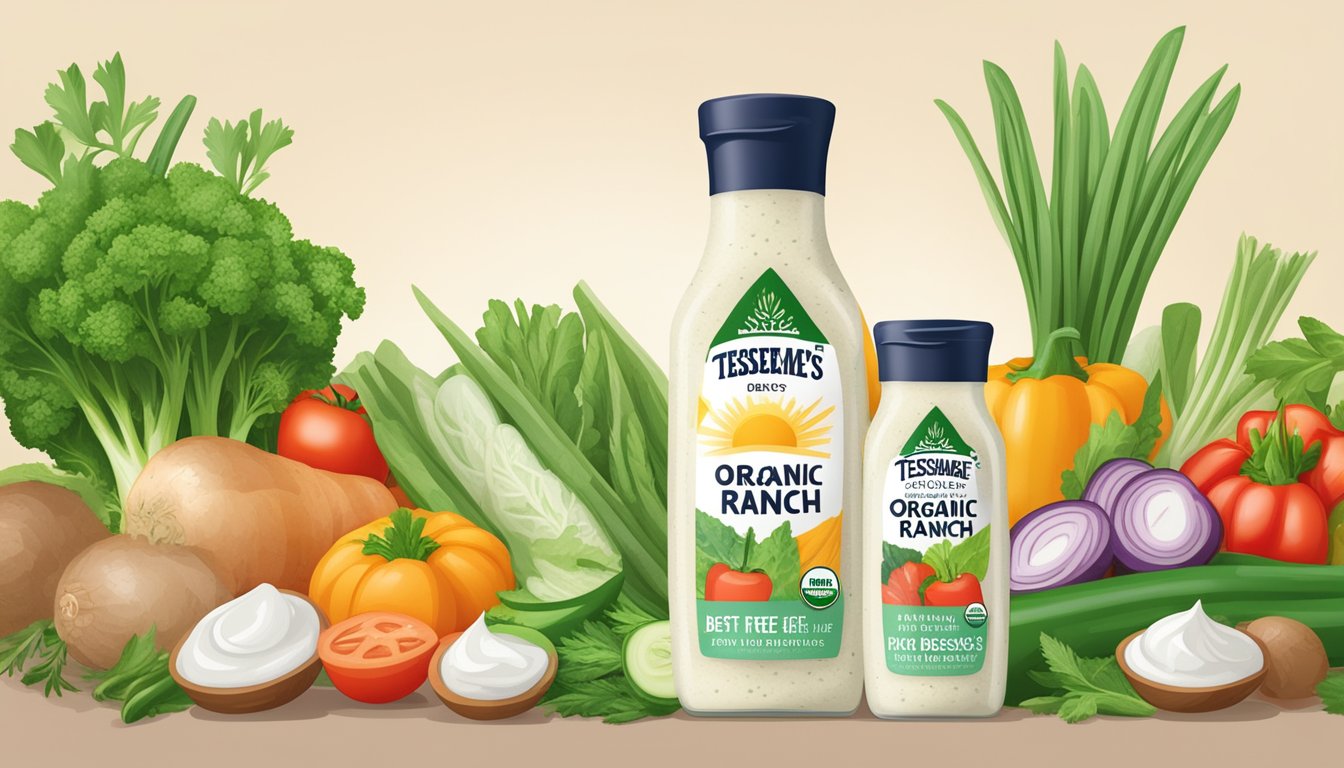 A bottle of Tessemae's Organic Creamy Ranch Dressing surrounded by fresh vegetables and herbs, with a banner listing it as one of the best sugar-free ranch dressings for diabetics