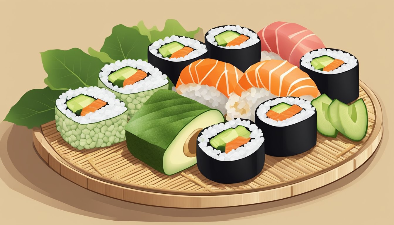 A colorful array of low-carb sushi rolls, including cucumber, avocado, and sashimi, arranged on a bamboo mat with soy sauce and wasabi