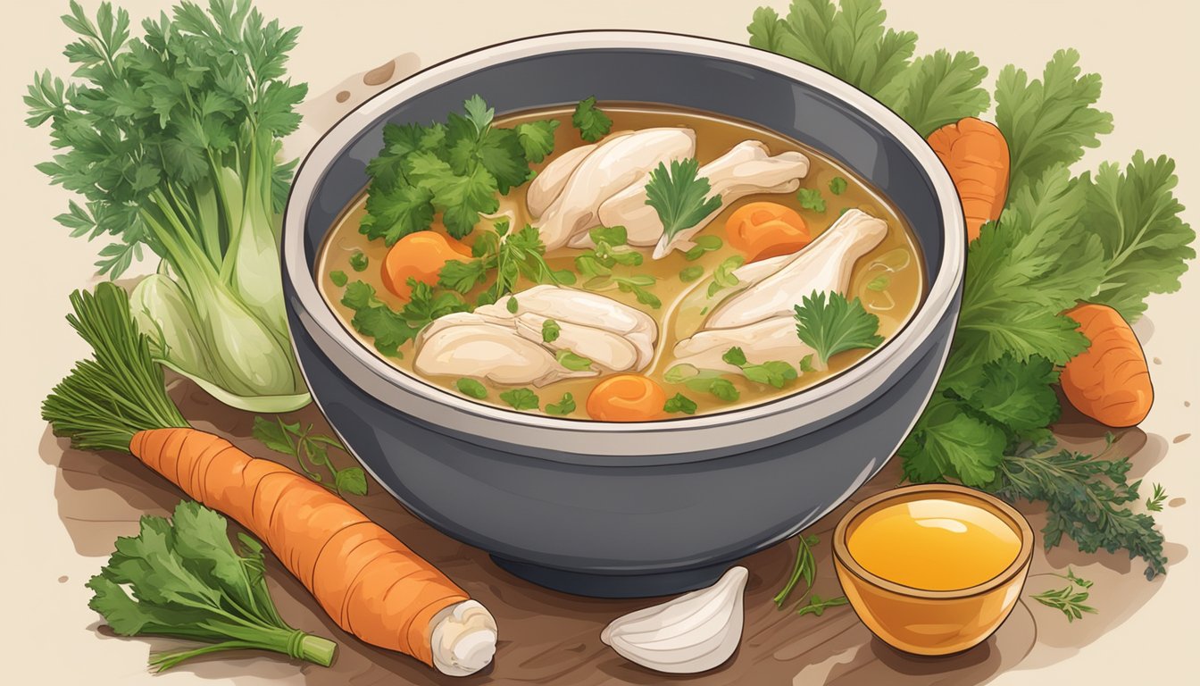 A steaming bowl of savory chicken bone broth surrounded by fresh vegetables and herbs