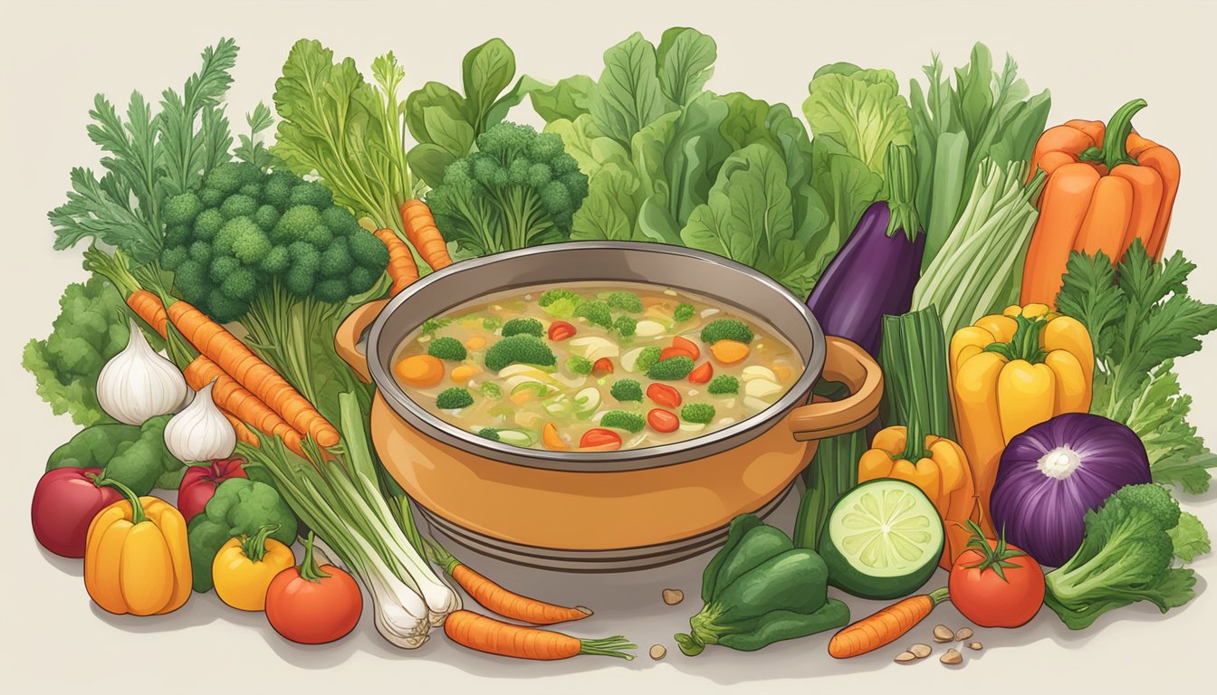 A steaming pot of Pacific Foods Organic Unsalted Vegetable Broth surrounded by fresh, colorful vegetables and herbs