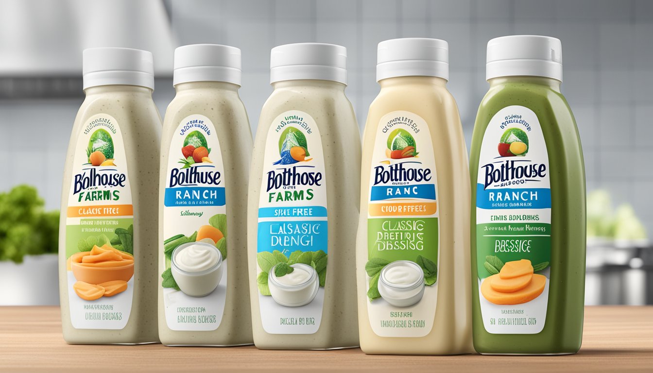 A bottle of Bolthouse Farms Classic Ranch dressing surrounded by six different sugar-free ranch dressings, all labeled as suitable for diabetics