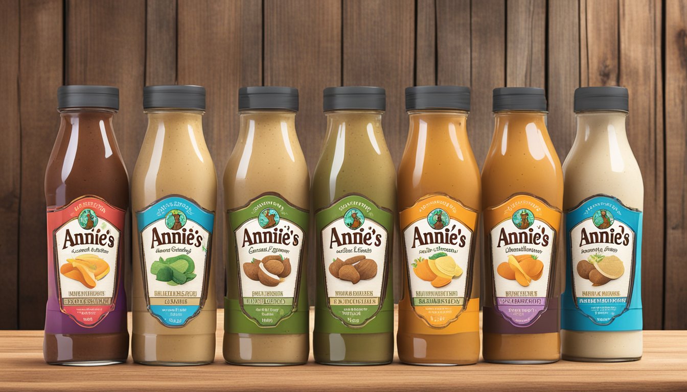 A rustic ranch setting with six bottles of Annie's Naturals Cowgirl Ranch sugar-free dressing displayed on a wooden table