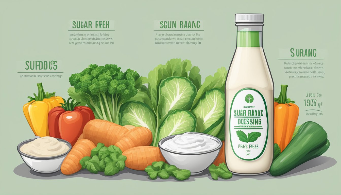 A table with six bottles of sugar-free ranch dressing surrounded by various fresh vegetables and a nutrition label