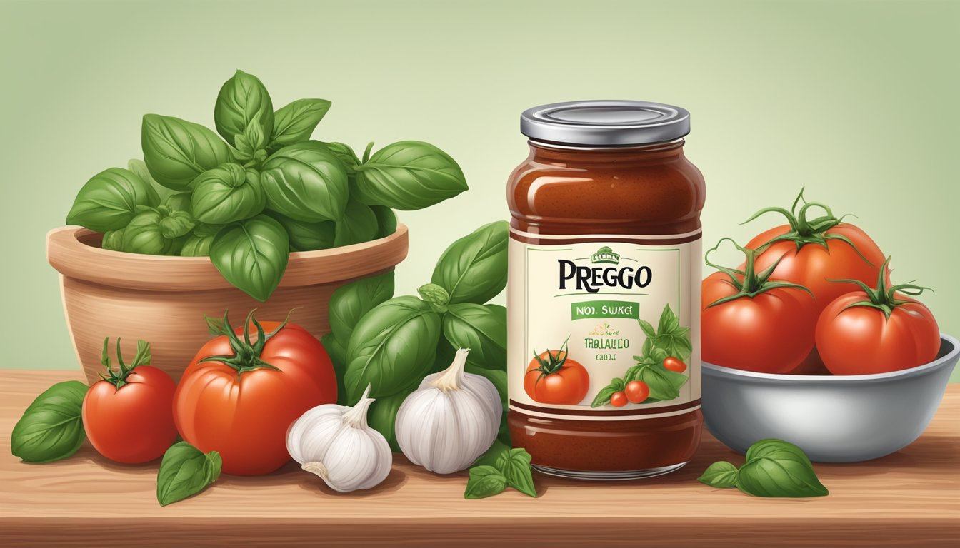 A jar of Prego No Sugar Added Traditional Italian Sauce surrounded by fresh tomatoes, garlic, basil, and oregano