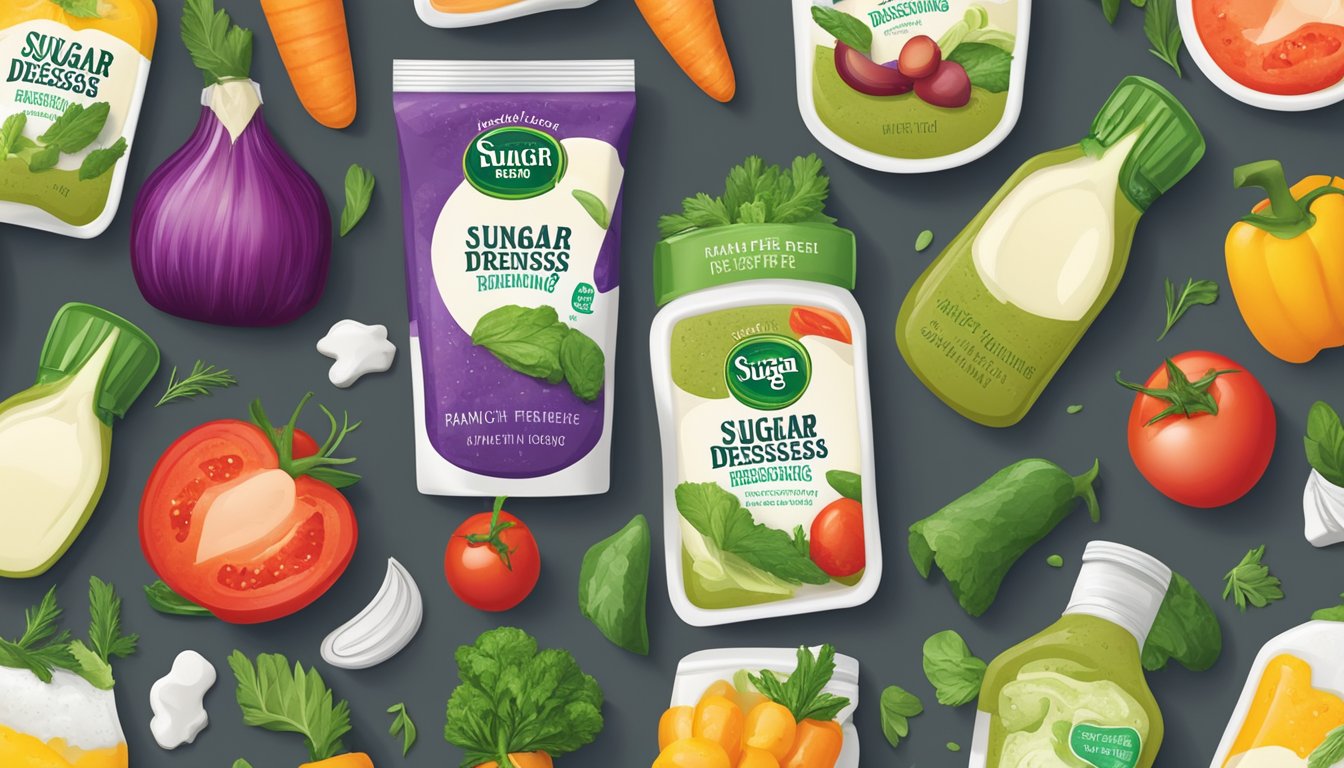 A colorful array of sugar-free ranch dressings surrounded by fresh vegetables and herbs, with a focus on the vibrant packaging and ingredients