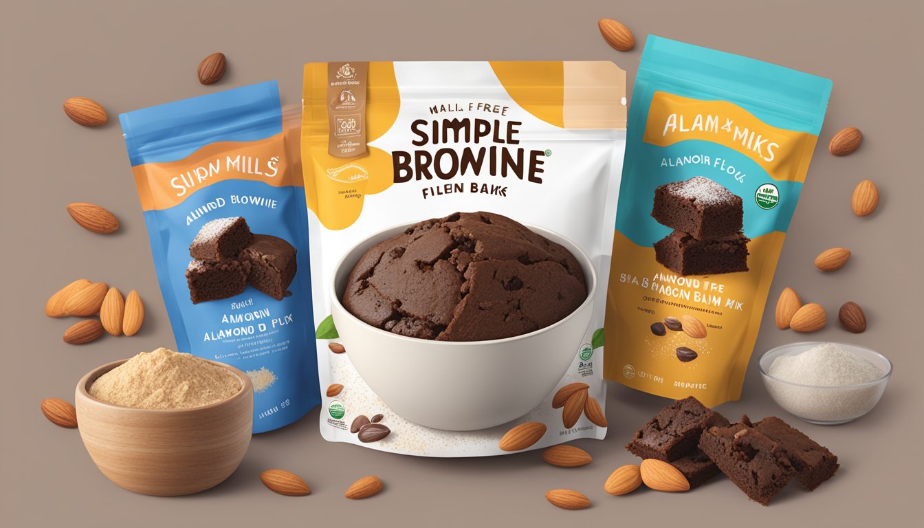 A bowl with Simple Mills Almond Flour Brownie Baking Mix and ingredients, surrounded by sugar-free brownie mixes