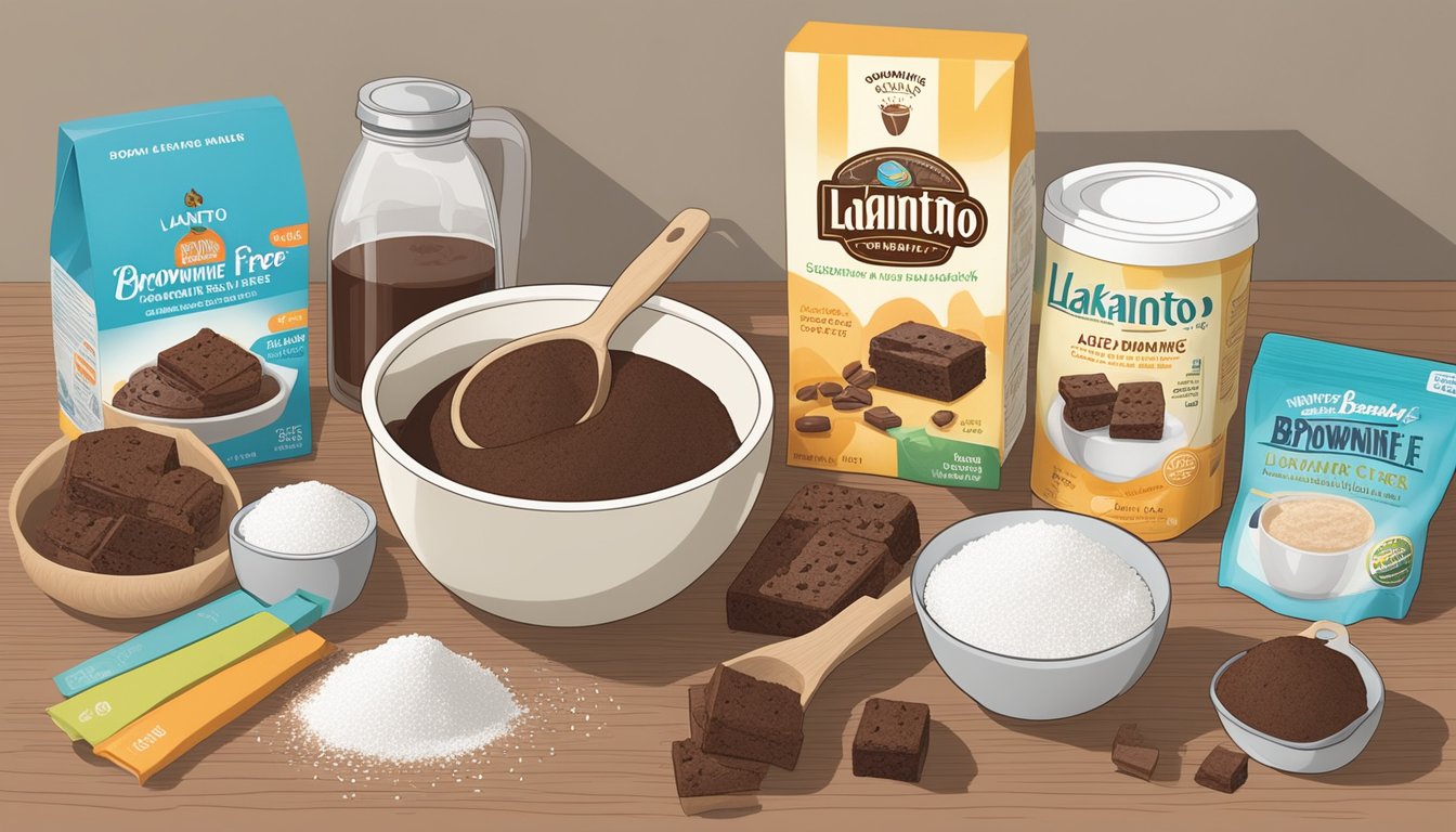 A kitchen counter with a mixing bowl, measuring cups, and a box of Lakanto Sugar-Free Brownie Mix surrounded by other sugar-free brownie mixes