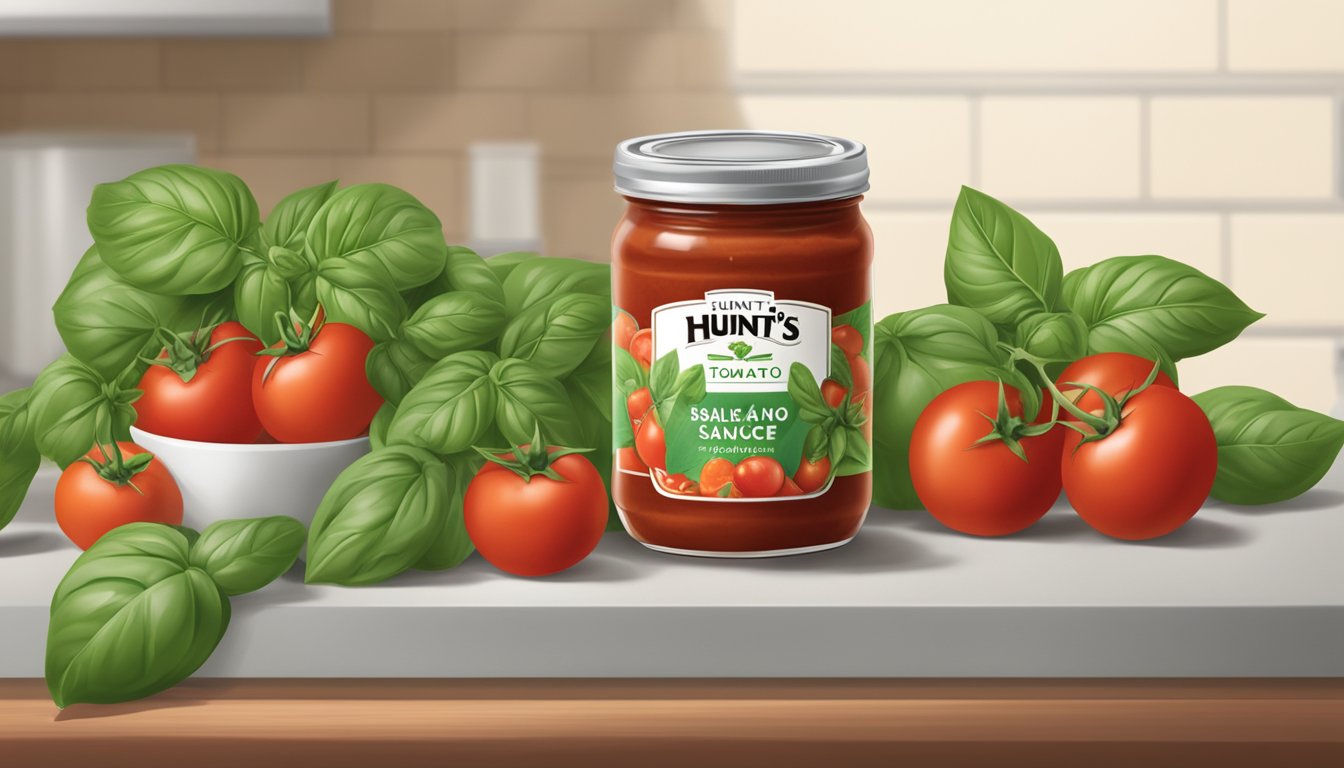 A jar of Hunt's No Sugar Added Basil Tomato Sauce surrounded by fresh basil leaves and ripe tomatoes on a kitchen countertop