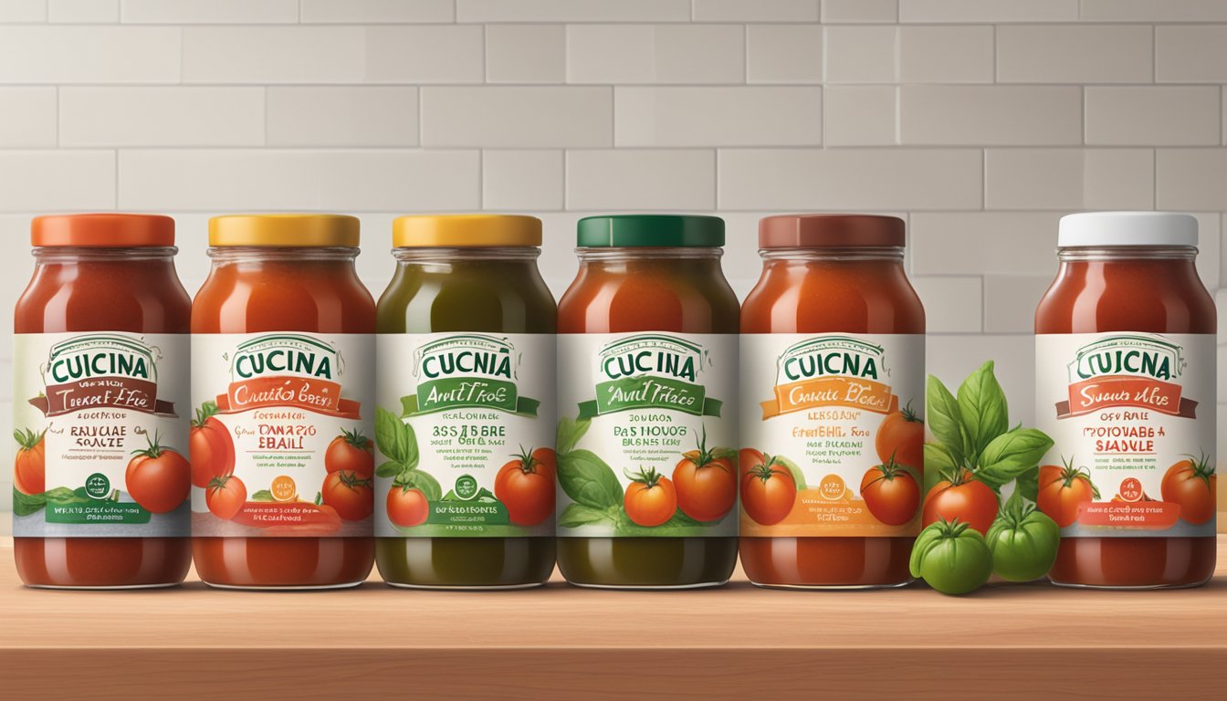 A jar of Cucina Antica Tomato Basil Sauce surrounded by five other sugar-free tomato sauces, all arranged on a kitchen countertop