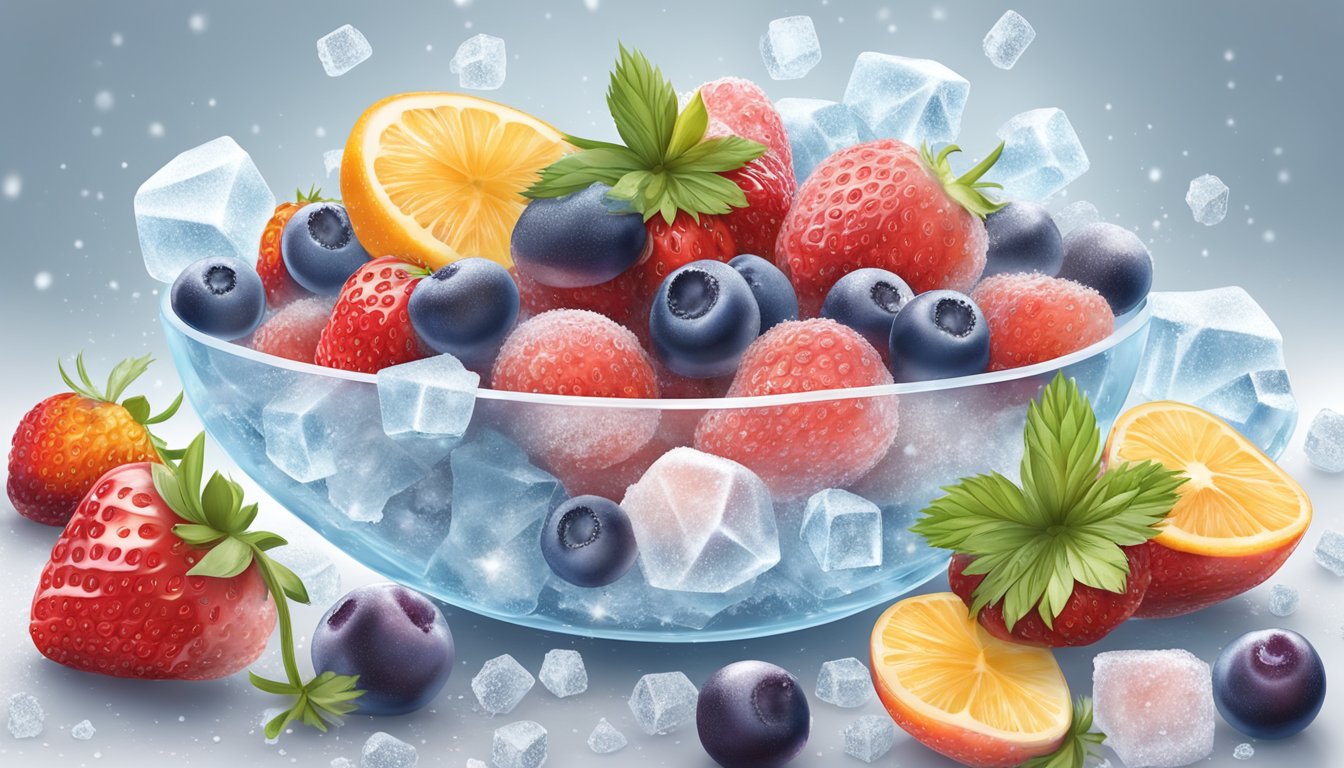 A bowl of assorted frozen fruits, including strawberries, surrounded by ice crystals on a white background